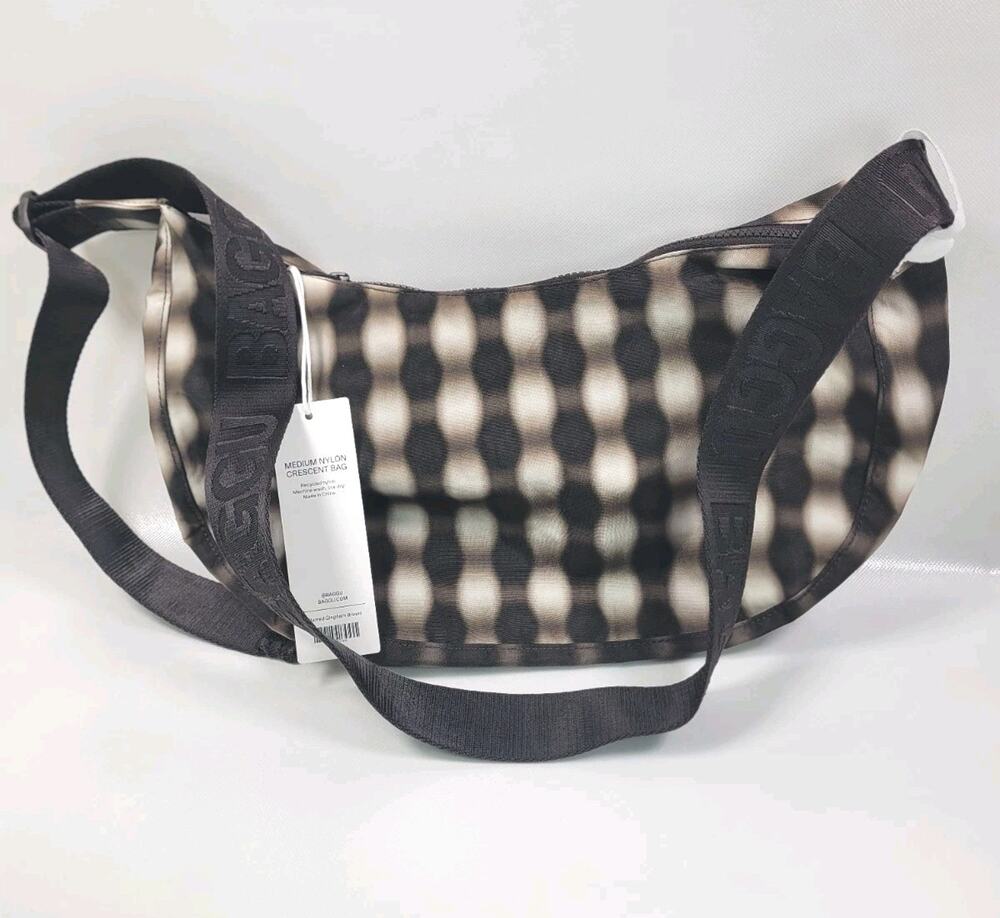 BAGGU Medium Nylon Cresent Bag Blurred Gingham Brown - NWT